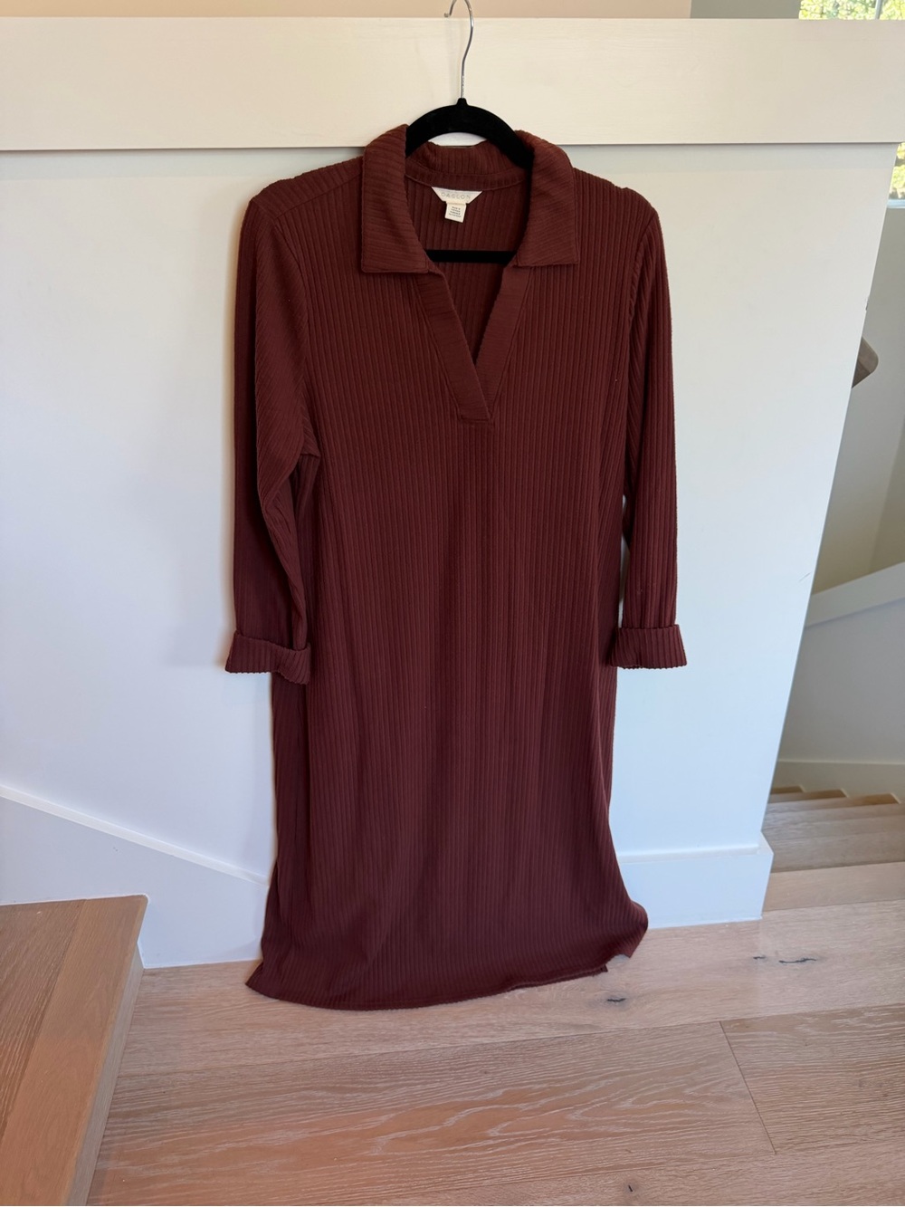 Caldon Ribbed Collar Sweater Dress in Deep Brown Large Long Sleeve